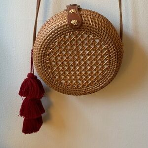 Round Woven Rattan Crossbody Bag with Tassels
